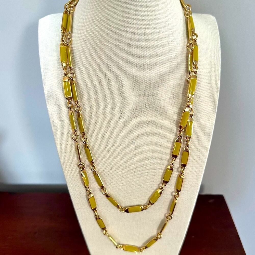 J. Crew Green Enamel Gold Links Long Chain Necklace Business Casual Preppy